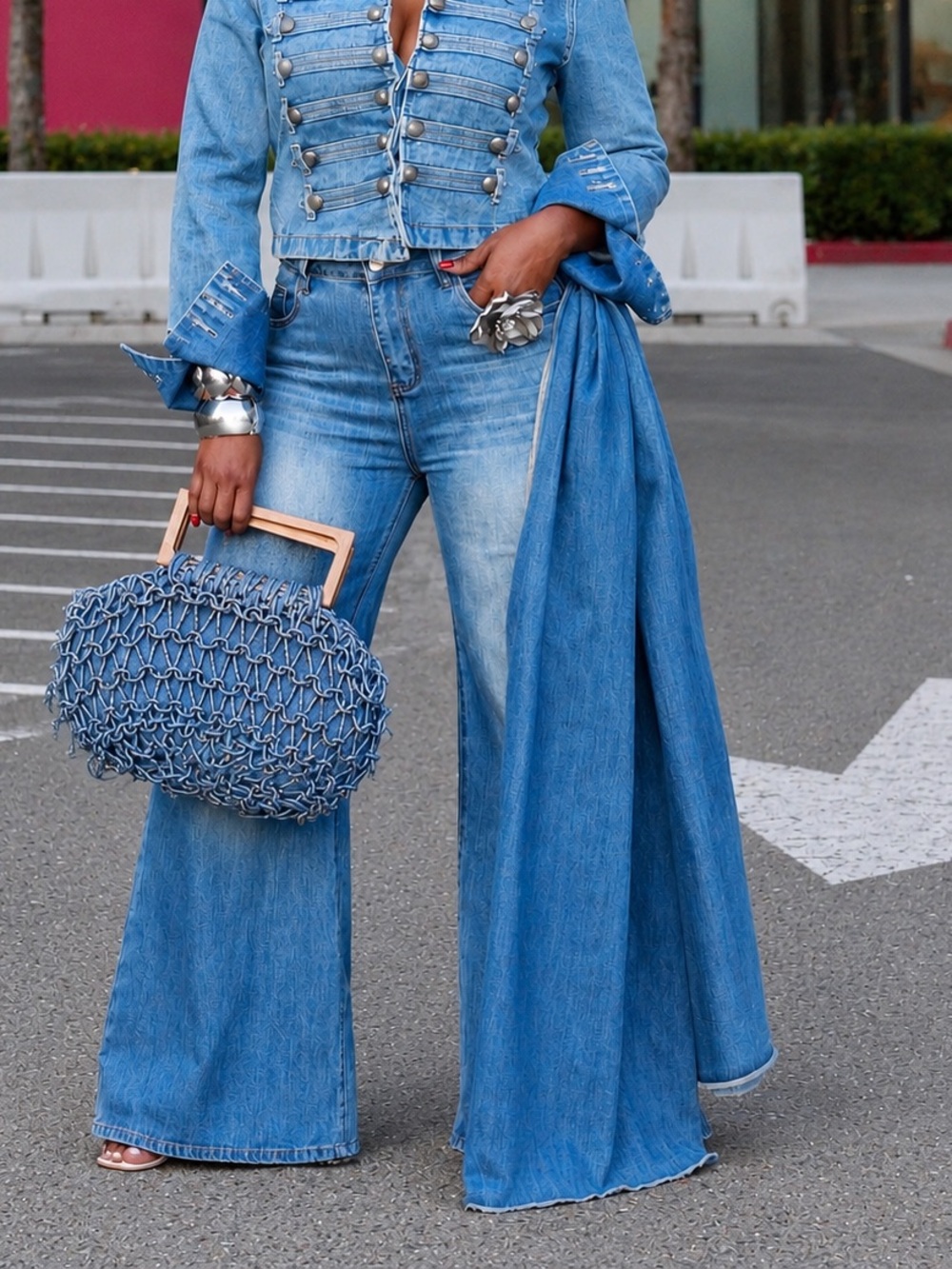 Denim Sash Belt Wide-Leg Jeans - Blue